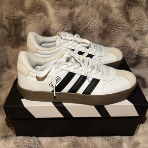 Adidas Women’s White Sneakers with Black Stripes, Sz 8
Like New